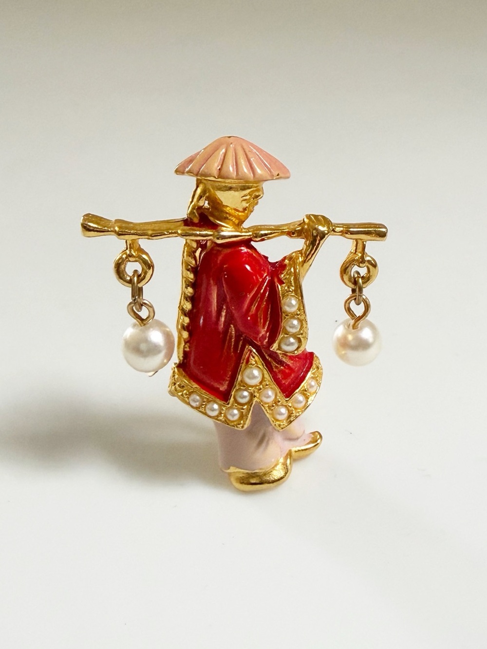 Vintage Oriental Asian Water Carrier Man Pin Brooch Gold Tone Faux Pearls